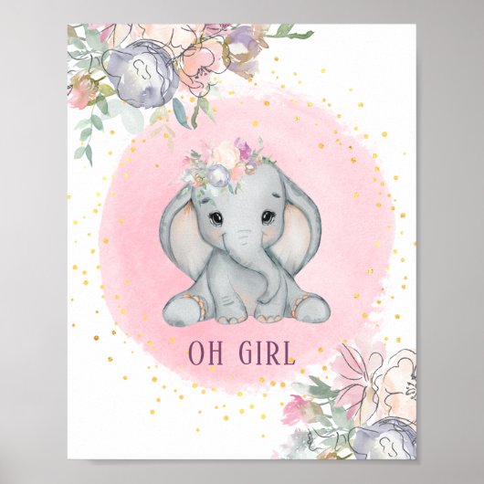 Olifant Waterverf Roze Bloemenkinderkamer voor Mei Poster (Voorkant)