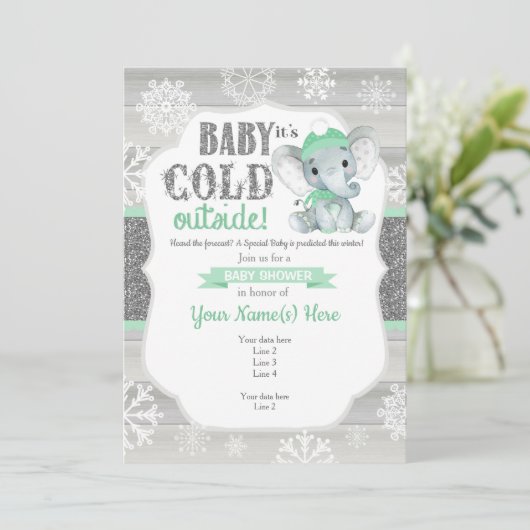 Olifant Winter Uitnodiging MintNeutral Baby shower (Staand voorkant)