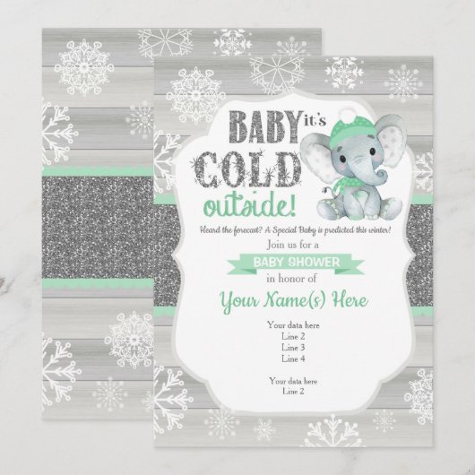 Olifant Winter Uitnodiging MintNeutral Baby shower (Voorkant / Achterkant)