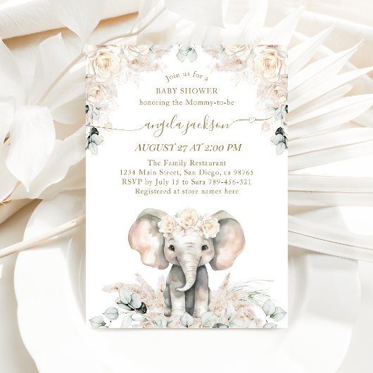 Olifant Witte Rozen Boho Pampas Baby Meisje Douche Kaart