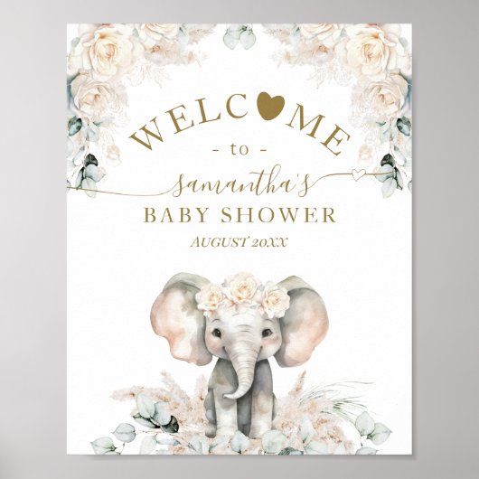 Olifant Witte Rozen Boho Pampas Baby Meisje Douche Poster (Voorkant)