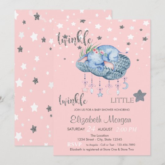 Olifant Wolk Kleine Ster Baby Shower Kaart (Voorkant / Achterkant)