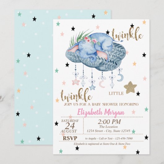 Olifant Wolk, Twinkelende Ster Babyshower Kaart (Voorkant / Achterkant)