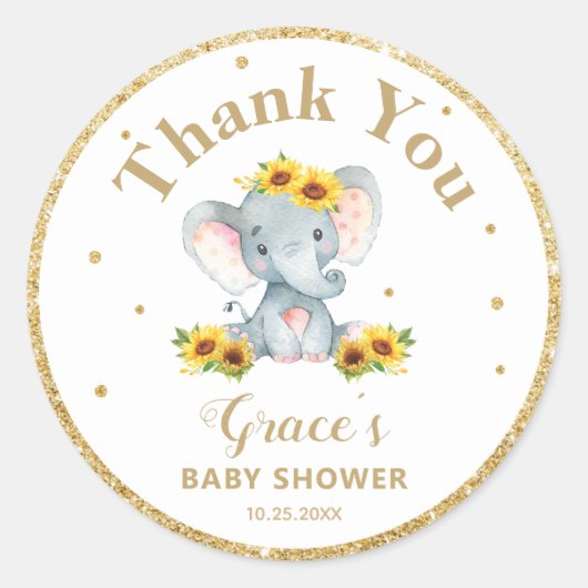 Olifant Zonnebloem Dank u voor gouden glitter Ronde Sticker (Voorkant)