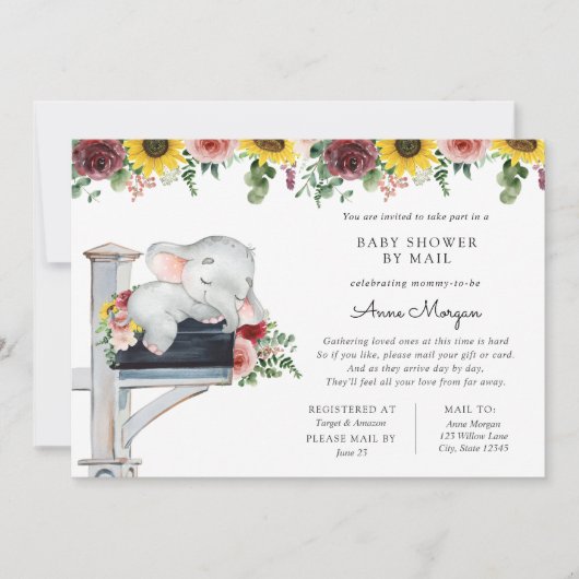 Olifant Zonnebloem en Rozen Baby shower per Mail Kaart (Voorkant)