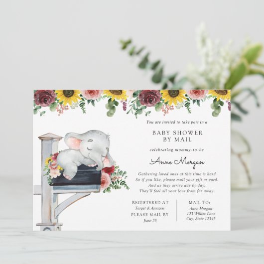 Olifant Zonnebloem en Rozen Baby shower per Mail Kaart (Staand voorkant)