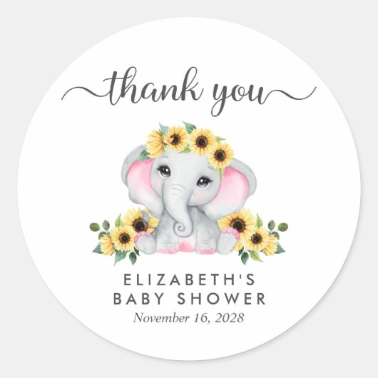 Olifant zonnebloemen baby meisje douche dank u ronde sticker (Voorkant)