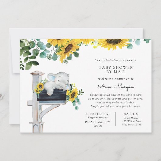 Olifant Zonnebloemen Baby shower per Mail Kaart (Voorkant)