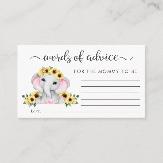 Olifant Zonnebloemen Woorden van Advies Baby showe Informatiekaartje (Voorkant)