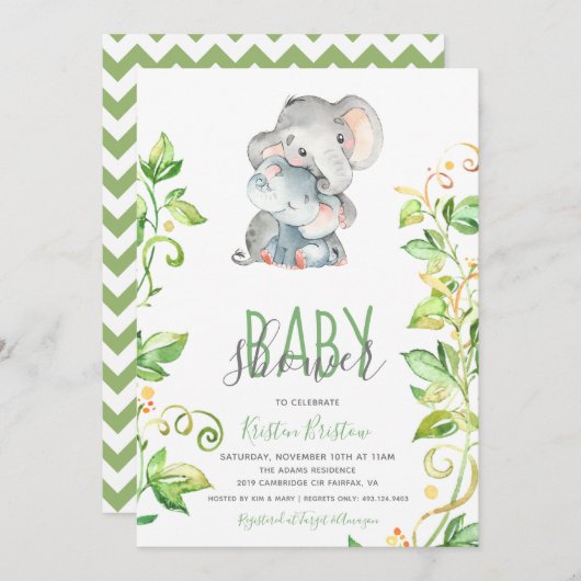 Olifant Zoo Dier Unisex Baby shower Uitnodiging (Voorkant / Achterkant)