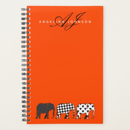 Olifant Zwart Wit en Oranje Monogram Naam Planner (Voorkant)