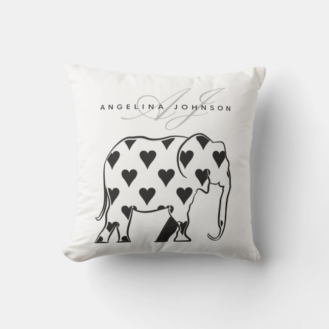 Olifant, zwart-wit patroon modern monogram kussen (Voorkant)