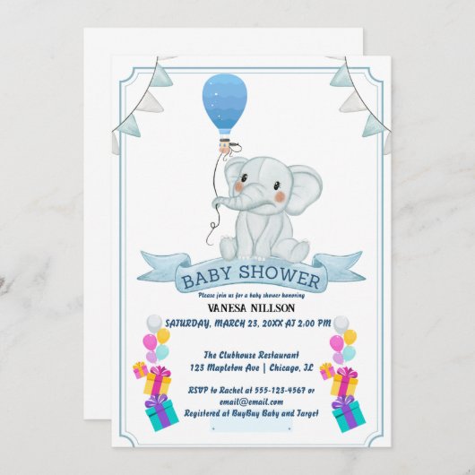 Olifantballon Baby Bash uitnodiging (Voorkant / Achterkant)