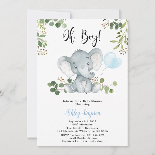 Olifantballon Oh boy baby shower Kaart (Voorkant)