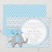 Olifanten Baby Douche Uitnodigingen, blauw en grij Kaart (Voorkant / Achterkant)