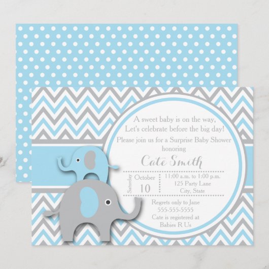 Olifanten Baby Douche Uitnodigingen, blauw en grij Kaart (Voorkant / Achterkant)