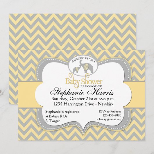 Olifanten Baby shower in Chevron Geel en Grijs Kaart (Voorkant / Achterkant)