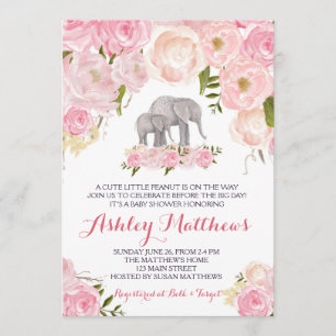 Olifanten Baby shower, roze bloemen Kaart
