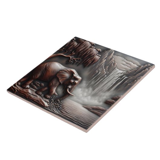 Olifanten bij Waterval in Carved Relief Tegeltje (Zijkant)