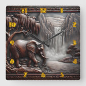 Olifanten bij Waterval in Carved Relief Vierkante Klok (Voorkant)