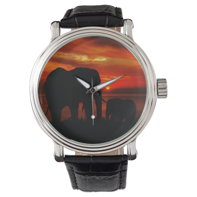 Olifanten bij zonsondergang horloge (Voorkant)