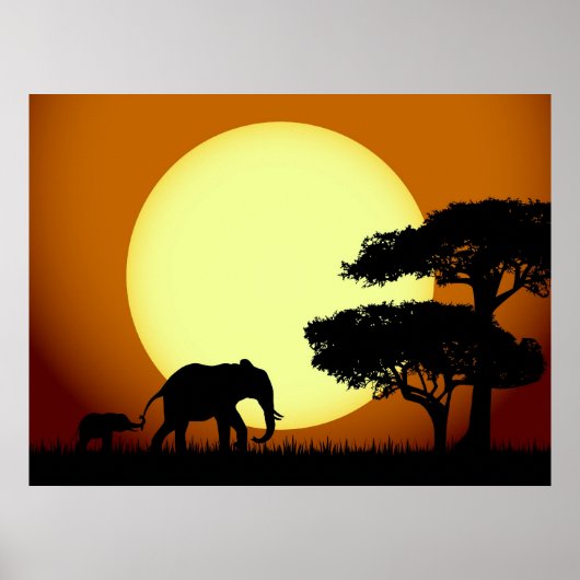 Olifanten bij zonsondergang poster (Voorkant)
