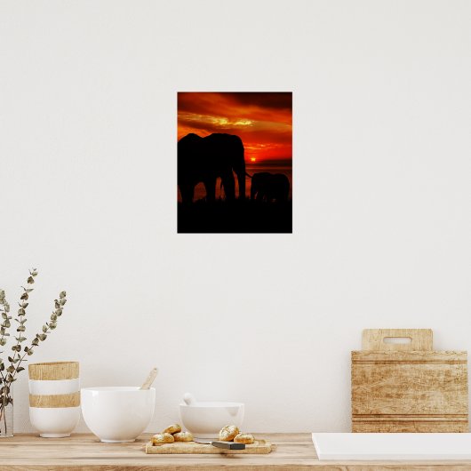 Olifanten bij zonsondergang poster (Keuken)