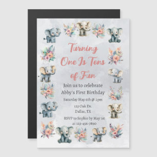 Olifanten & Boho Jungle Bloemen op Grijze Verjaard Magnetische Uitnodiging