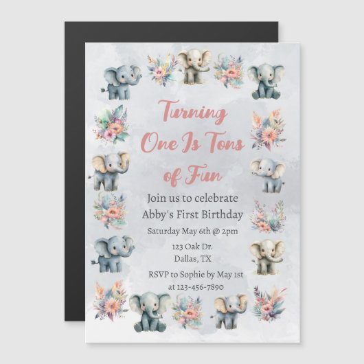 Olifanten & Boho Jungle Bloemen op Grijze Verjaard Magnetische Uitnodiging (Voorkant / Achterkant)