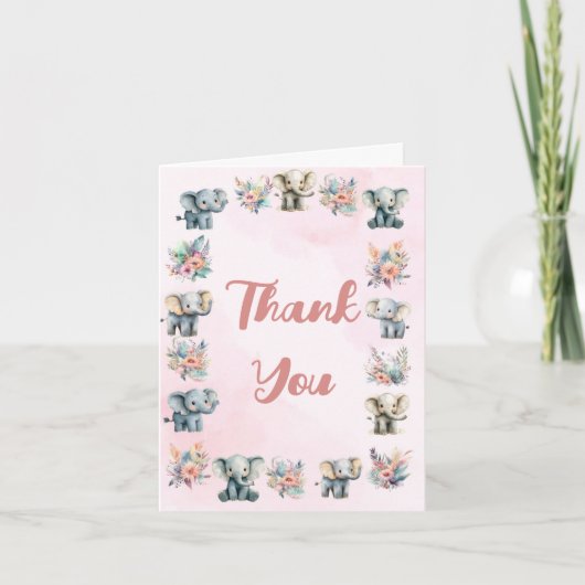 Olifanten Boho Oerwoud Bloem Roze Dank je kaart (Voorkant)