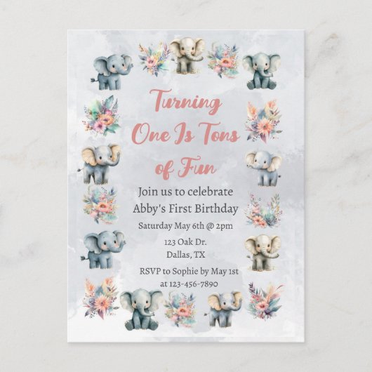 Olifanten & Boho Oerwoud Bloemen op Grijze Verjaar Briefkaart (Voorkant)