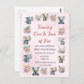 Olifanten & Boho Oerwoud bloemen op roze verjaarda Briefkaart (Voorkant / Achterkant)