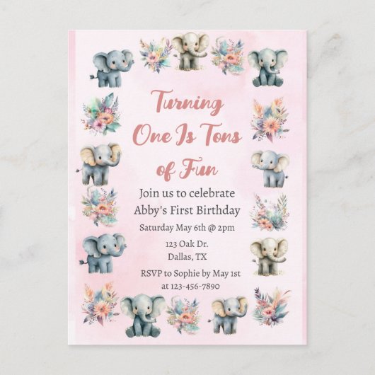 Olifanten & Boho Oerwoud bloemen op roze verjaarda Briefkaart (Voorkant)