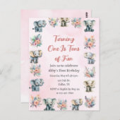 Olifanten & Boho Oerwoud bloemen op roze verjaarda Briefkaart (Voorkant / Achterkant)