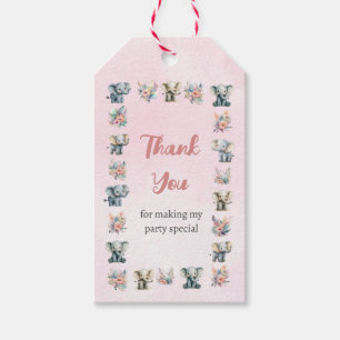 Olifanten & Boho Oerwoud bloemen op roze verjaarda Cadeaulabel