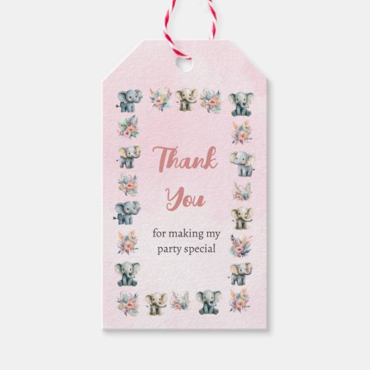 Olifanten & Boho Oerwoud bloemen op roze verjaarda Cadeaulabel (Voorkant)