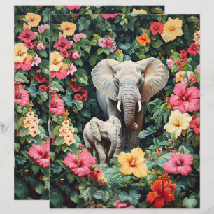 Olifanten en kalveren Hibiscus bloemen Scrapbook P