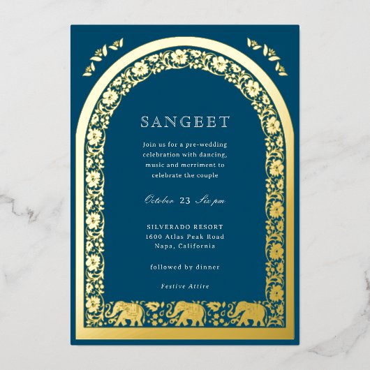 Olifanten en Lotus Flower Indian Sangeet Gold Folie Uitnodiging (Voorkant)