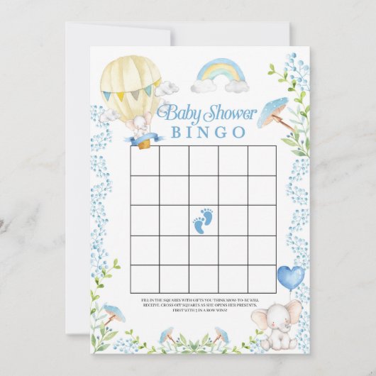 Olifanten Hete Luchtballon Baby shower Bingo spel Kaart (Voorkant)