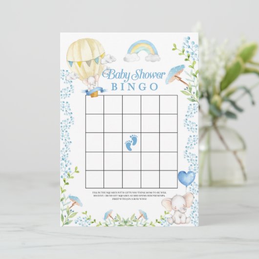 Olifanten Hete Luchtballon Baby shower Bingo spel Kaart (Staand voorkant)