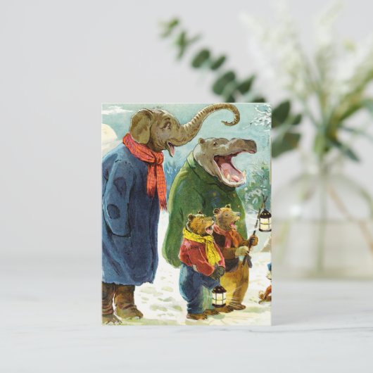 Olifanten Hippopotamus & Beren Christmas Caroling Feestdagenkaart (Staand voorkant)