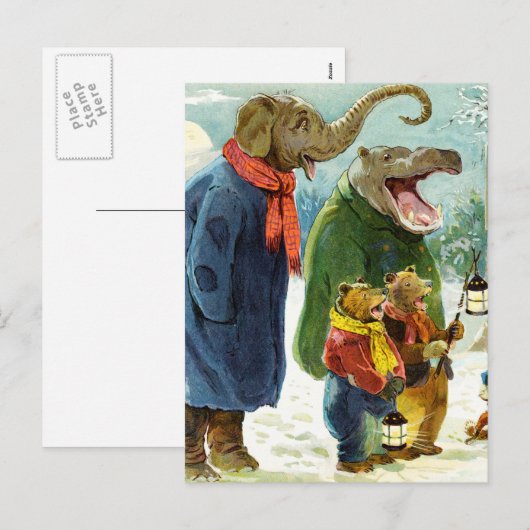 Olifanten Hippopotamus & Beren Christmas Caroling Feestdagenkaart (Voorkant / Achterkant)