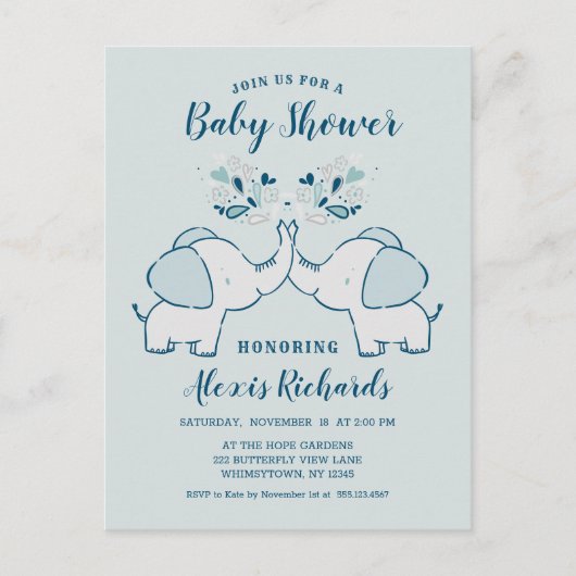 Olifanten in Navy & Mint Baby Boy Twins Douche Uitnodiging Briefkaart (Voorkant)