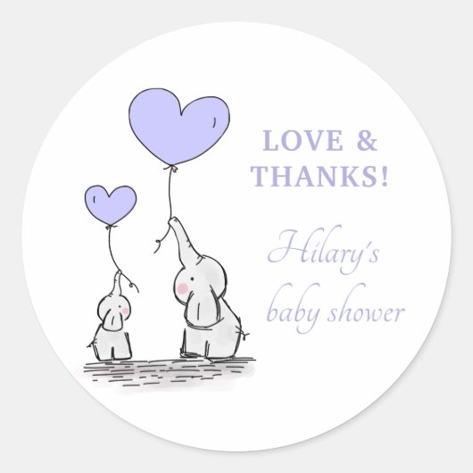 Olifanten | Lila ballonnen Baby shower Hartelijk d Ronde Sticker (Voorkant)