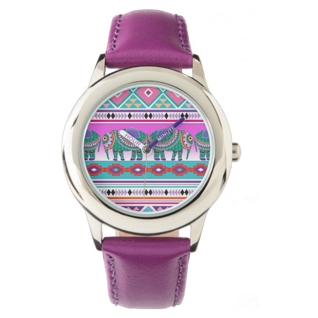 Olifanten met Aztec Pattern Cute Horloge (Voorkant)