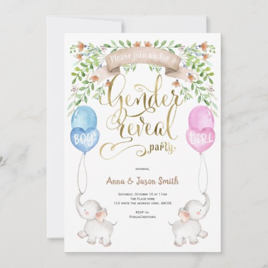 Olifanten met ballonnen, Gender Reveal Party Kaart (Voorkant)