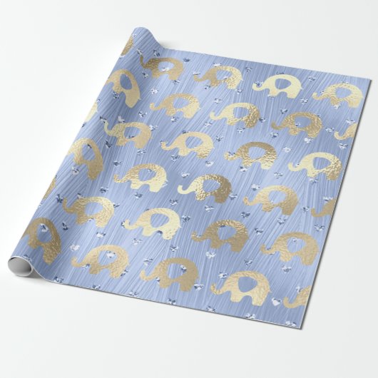 Olifanten Metalli Harten Goud Blauw Celestial Cadeaupapier (Uitgerold)