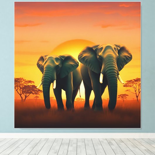 Olifanten op de Afrikaanse vlaktes Canvas. Canvas Afdruk (Insitu (Houten vloer))