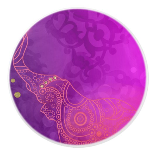 Olifanten Paarse Roze Sinaasappel & Gouden Chic Gl Keramische Knop (Voorkant)