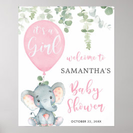 Olifanten roze ballon meisje baby shower welkom poster